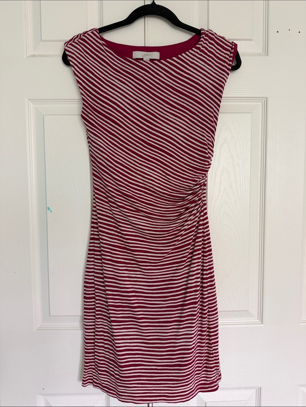 LOFT Wine Red and White Striped Cap-Sleeve Ruched Midi Dress
